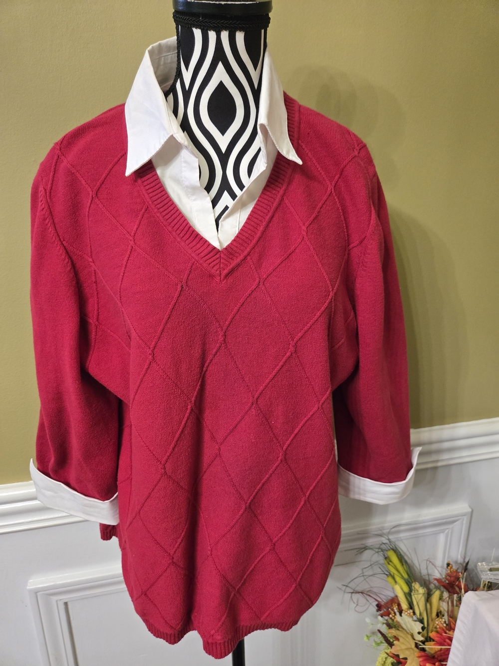 Notationa Women's V-Neck Red Diamond-Knit Sweater Large